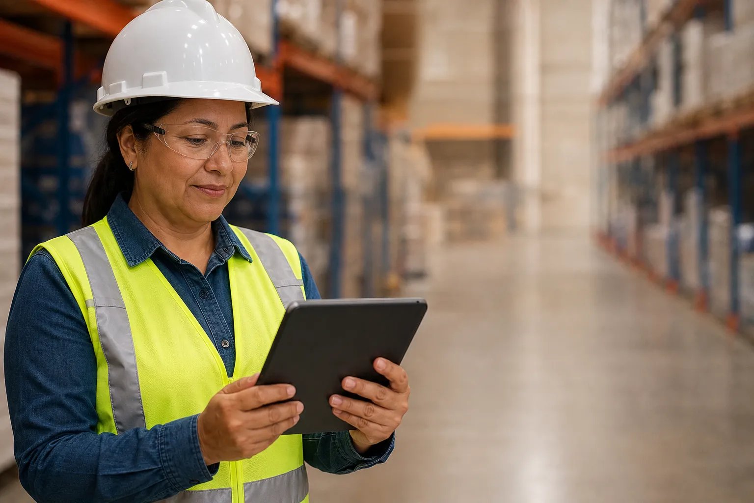 Ingeniera de seguridad revisando en una tablet el estado de cierre de las acciones correctivas
