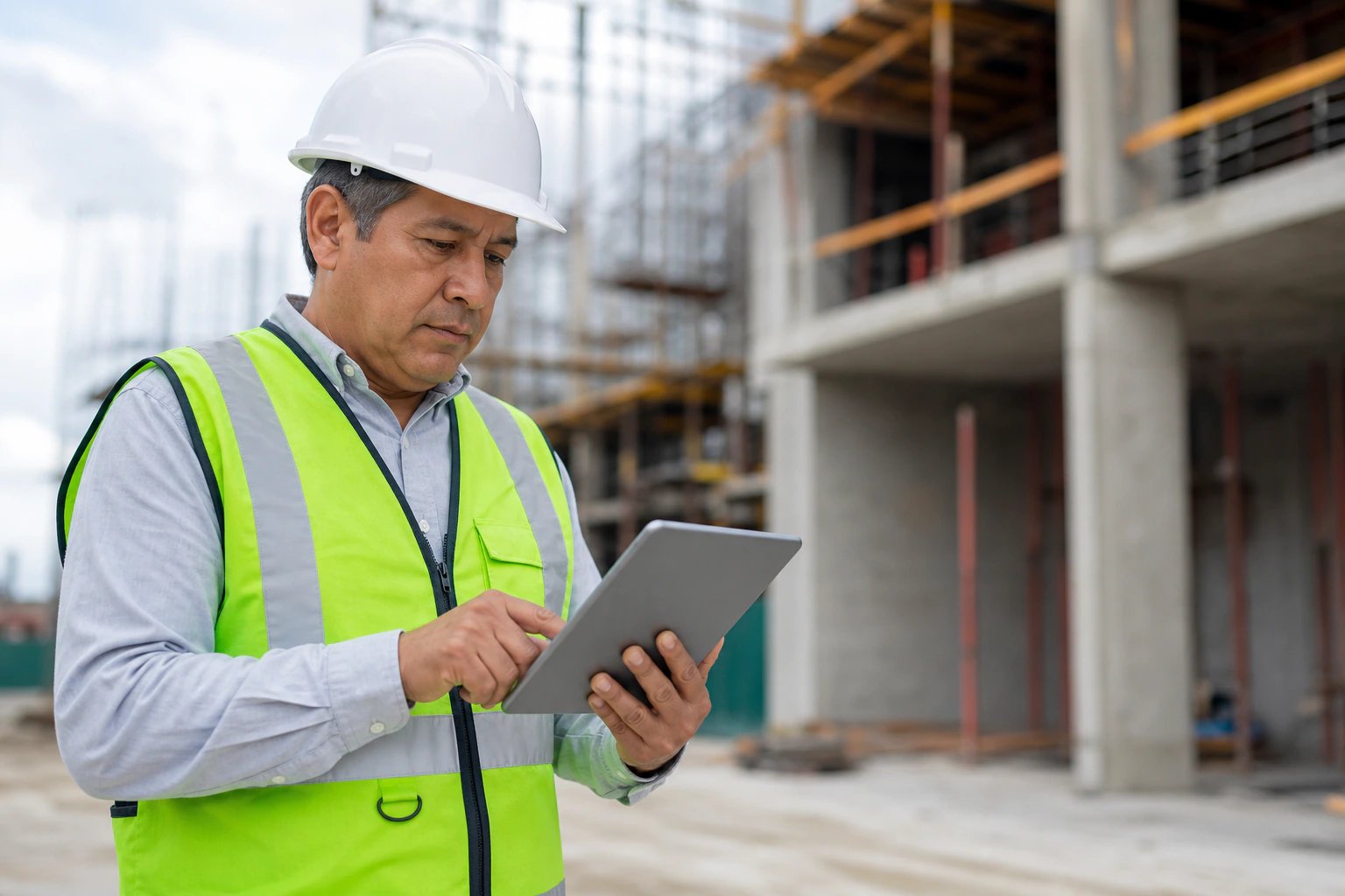 Jefe de operaciones revisando en una tablet los registros de seguridad de una obra en ejecución