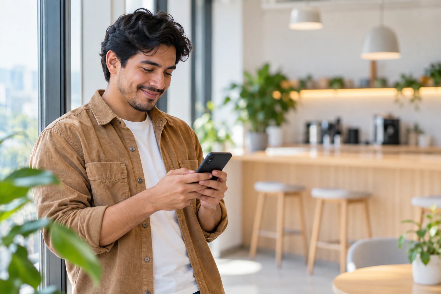 Colaborador revisando su celular con una sonrisa junto a la ventana de la oficina