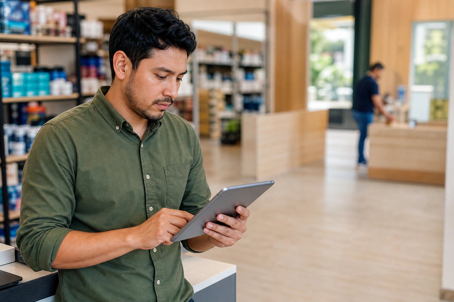 Responsable de recursos humanos revisando en una tablet el padrón de colaboradores