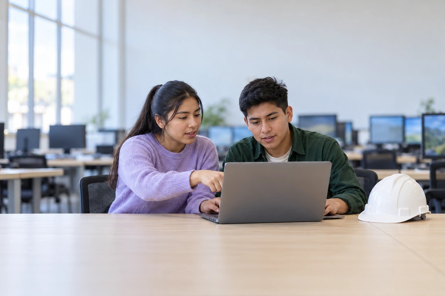 Dos estudiantes de seguridad y salud en el trabajo revisan juntos una laptop en un laboratorio de cómputo, con un casco blanco sobre la mesa