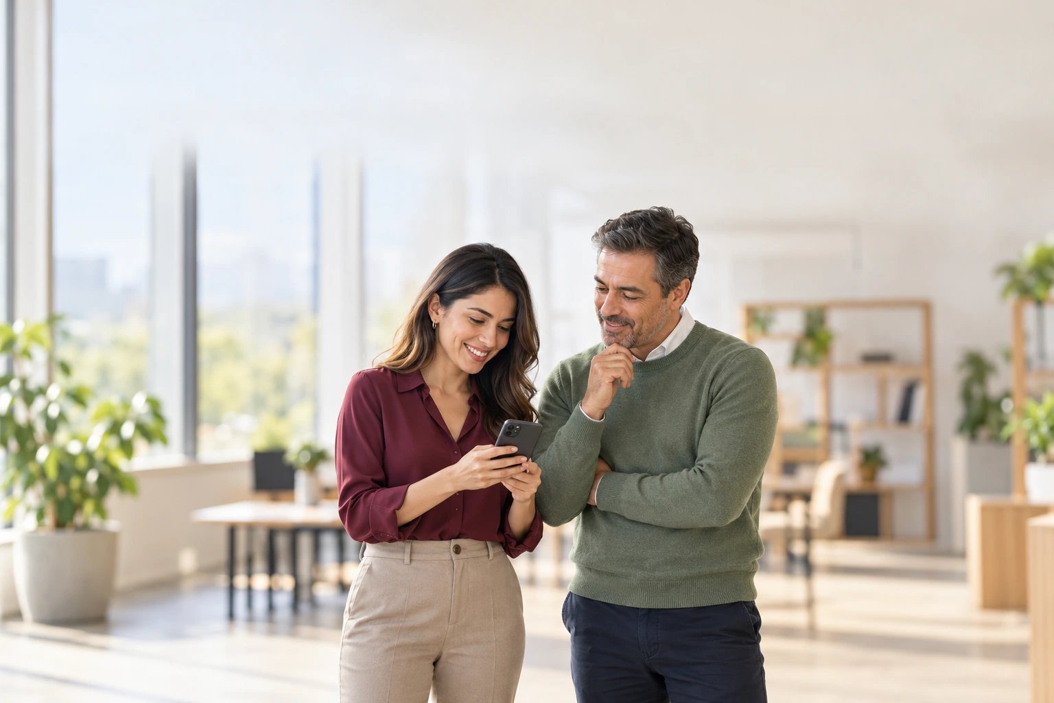 Una profesional de recursos humanos y su colega revisan juntos un celular en una oficina luminosa