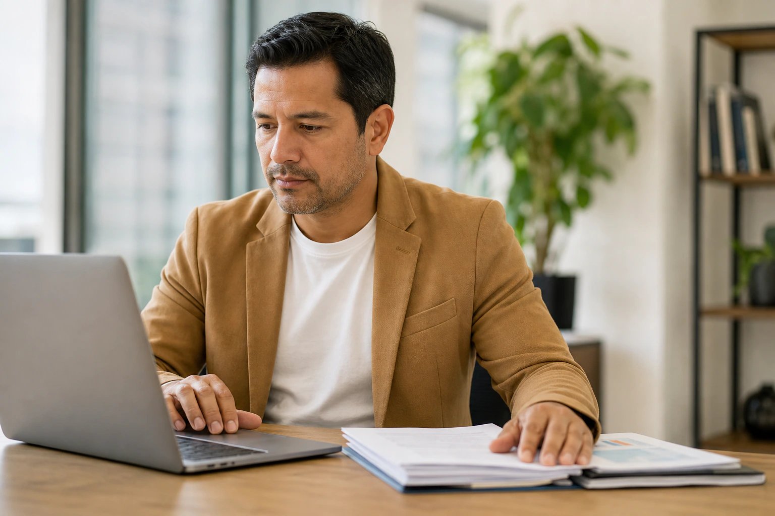 Responsable de seguridad y consultora revisando el programa anual de capacitaciones en una laptop