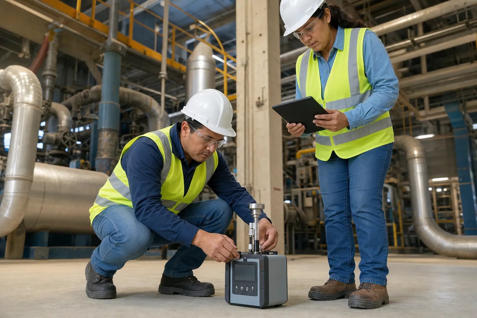 Tecnico ambiental ajustando un equipo portatil de monitoreo de calidad del aire en planta, con una colega anotando la lectura en una tablet