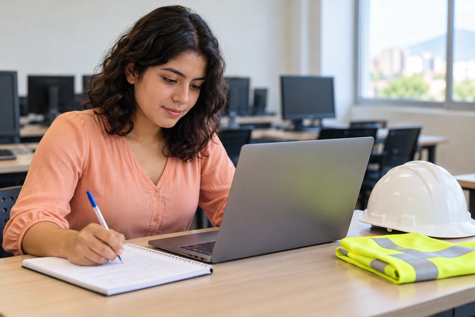 Estudiante practica en su laptop y toma apuntes en un laboratorio de cómputo, junto a un casco y un chaleco de seguridad