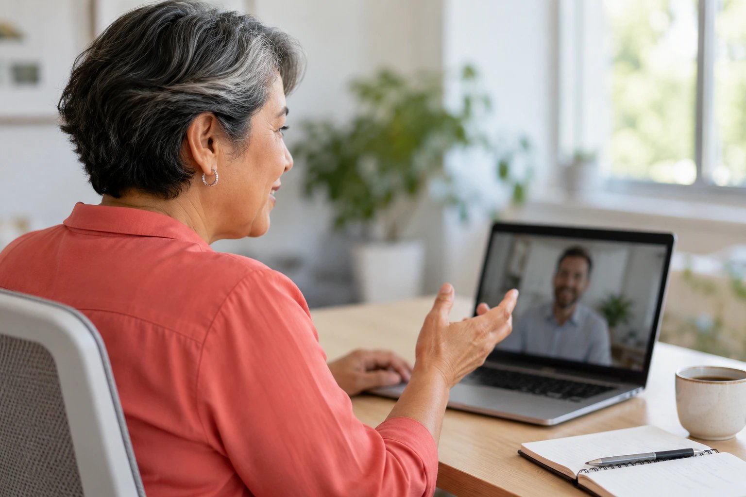Responsable de recursos humanos conversando por videollamada con un asesor desde su escritorio